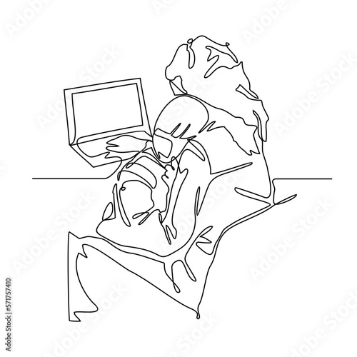 One continuous line drawing of a business woman holding her daughter while working on a laptop in front of her. Work from home in simple linear style. Work from home design concept. Vector illustratio