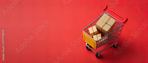 Toy shopping cart with boxes on red background. Made with Generative Ai