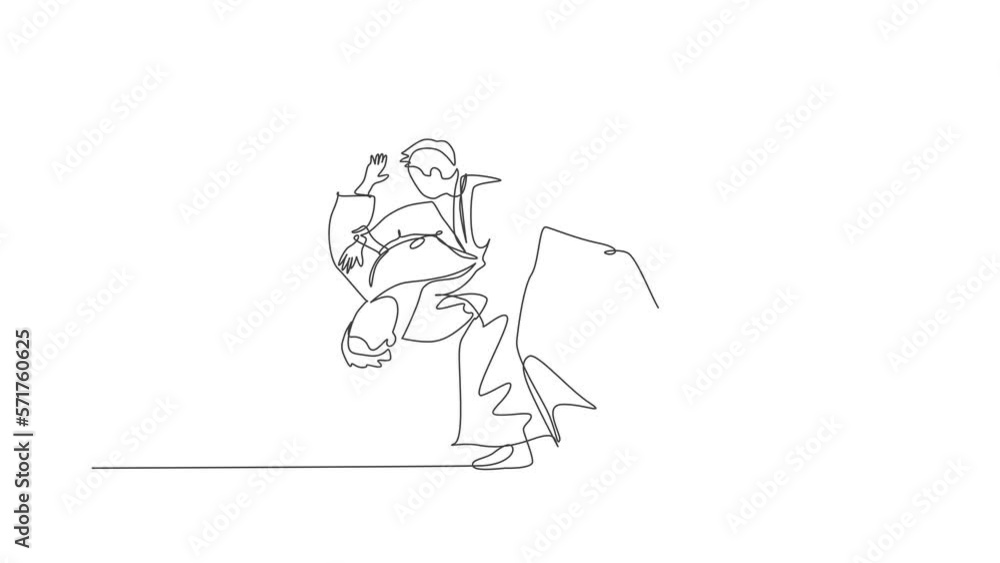 Animated self drawing of single continuous line draw two young sportive man wearing kimono practice slamming in aikido fighting technique. Japanese martial art concept. Full length one line animation. Animated self drawing of single continuous line draw two young sportive man wearing kimono practice slamming in aikido fighting technique. Japanese martial art concept. Full length one line animation.