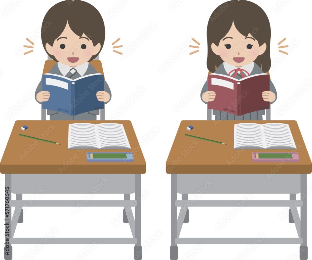 学習机に向かい起立して本を読む制服の児童 学習机に向かい起立して本を読む制服の児童