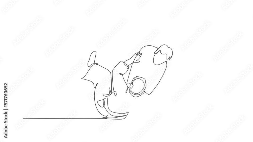 Animation of one line drawing of two energetic men wearing kimono exercise aikido throw technique in sport hall. Healthy lifestyle sport concept. Continuous line self draw animated. Full length motion Animation of one line drawing of two energetic men wearing kimono exercise aikido throw technique in sport hall. Healthy lifestyle sport concept. Continuous line self draw animated. Full length motion