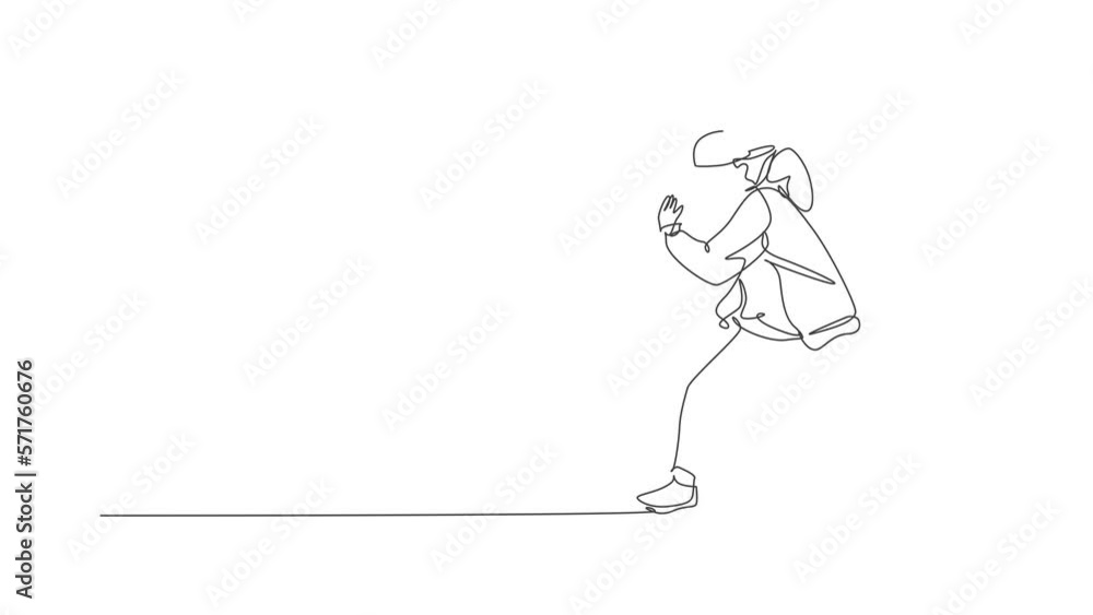 Animated self drawing of one continuous line draw young sporty break dancer man with tracksuit show hip hop dance style in the street. Urban lifestyle sport concept. Full length single line animation. Animated self drawing of one continuous line draw young sporty break dancer man with tracksuit show hip hop dance style in the street. Urban lifestyle sport concept. Full length single line animation.