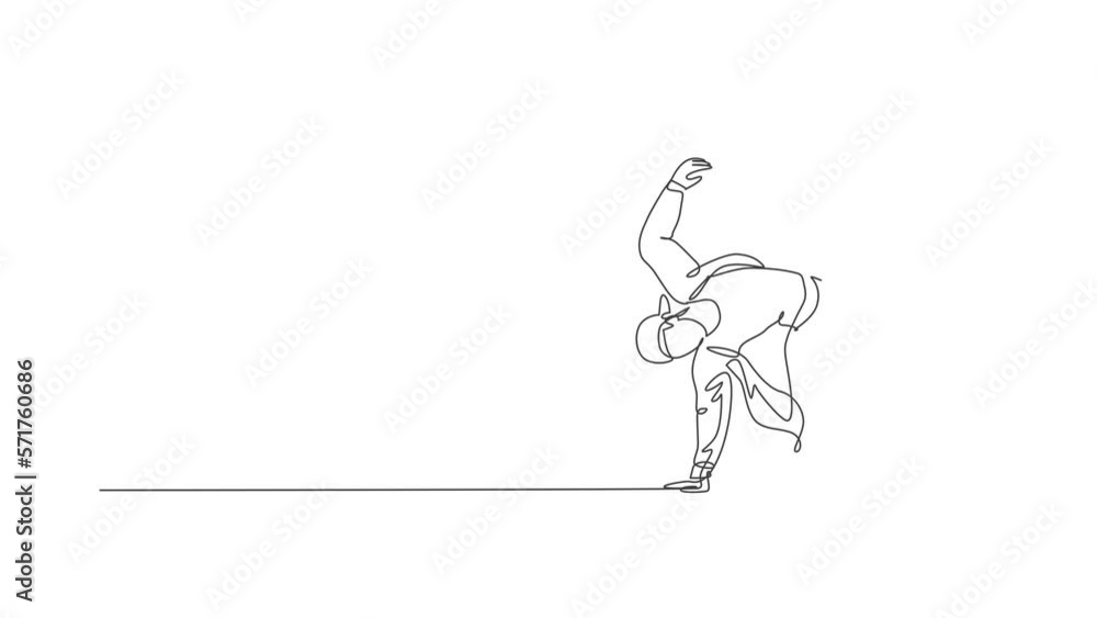 Animated self drawing of continuous line draw young energetic hip-hop dancer man on tracksuit practice break dancing in street. Urban generation lifestyle concept. Full length one line animation. Animated self drawing of continuous line draw young energetic hip-hop dancer man on tracksuit practice break dancing in street. Urban generation lifestyle concept. Full length one line animation.