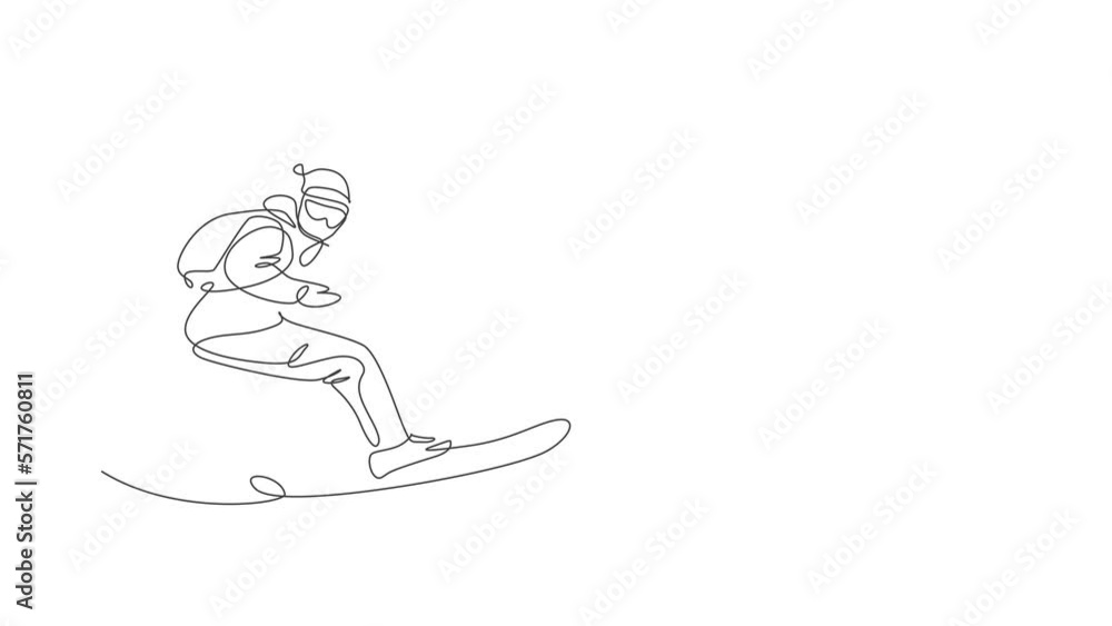 Animated self drawing of continuous line draw sporty man snowboarder riding snowboard in alps snowy powder mountain. Winter lifestyle sport concept. Full length single line animation illustration. Animated self drawing of continuous line draw sporty man snowboarder riding snowboard in alps snowy powder mountain. Winter lifestyle sport concept. Full length single line animation illustration.