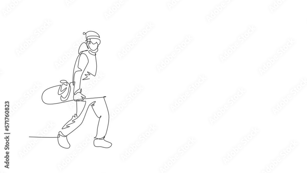Animated self drawing of continuous line draw young sportive snowboarder man walk and hold snowboard at mountain. Outdoor extreme sport. Winter season vacation concept. Full length one line animation. Animated self drawing of continuous line draw young sportive snowboarder man walk and hold snowboard at mountain. Outdoor extreme sport. Winter season vacation concept. Full length one line animation.