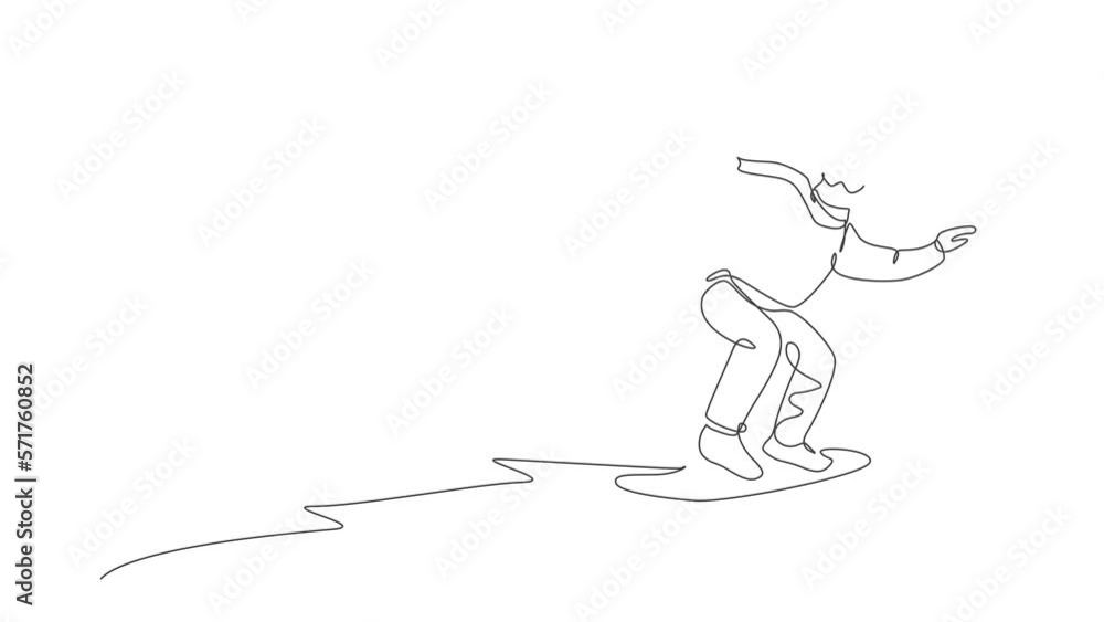 Animation of one line drawing young energetic snowboarder man ride fast snowboard at snowy mountain. Tourist vacation lifestyle sport concept. Continuous line self draw animated. Full length motion. Animation of one line drawing young energetic snowboarder man ride fast snowboard at snowy mountain. Tourist vacation lifestyle sport concept. Continuous line self draw animated. Full length motion.