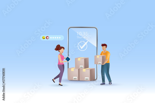 Online delivery service with success and excellent customer rating performance. Delivery man holding carton shipments with smart tracking technology and best delivery service performance. 3D Vector.