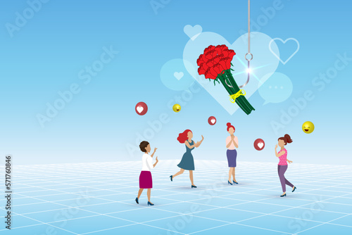 Romance scam, online dating phishing scam. Red roses bouquet with phishing hook on victim woman for fraud chatting. Cyber crime and threat on woman.
