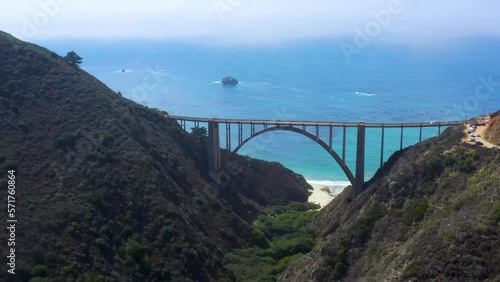 Archway Architecture of Bixby Creek Bridge on California Big Sur Ocean Coast, Aerial Approach