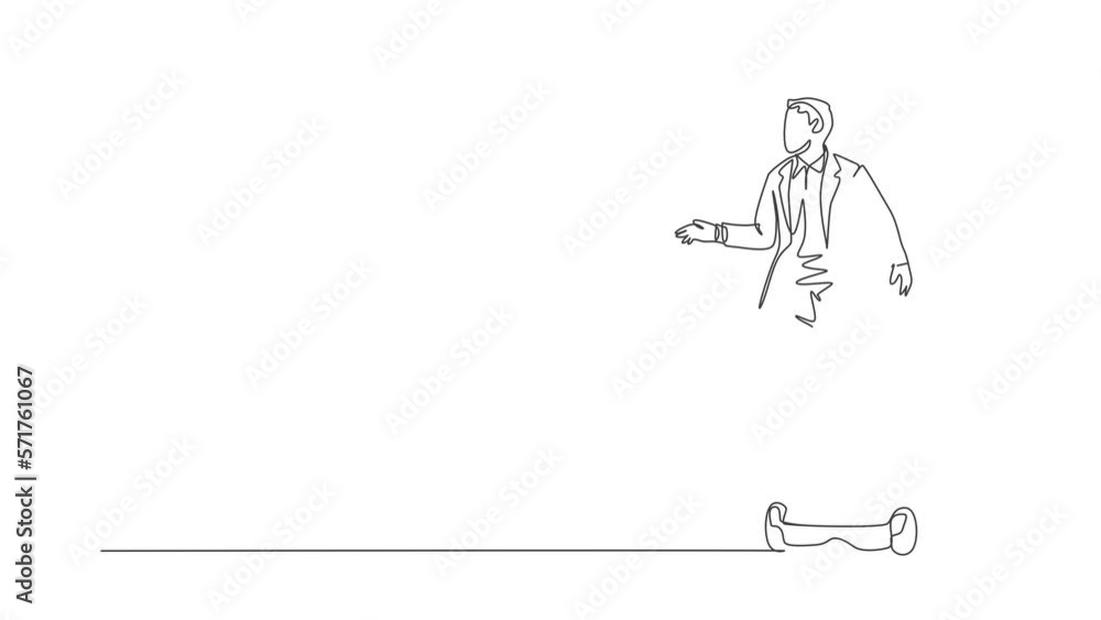 Animated self drawing of continuous line draw young happy businessman riding hoverboard to go to the company. Eco friendly transportation. Urban lifestyle concept. Full length one line animation. Animated self drawing of continuous line draw young happy businessman riding hoverboard to go to the company. Eco friendly transportation. Urban lifestyle concept. Full length one line animation.