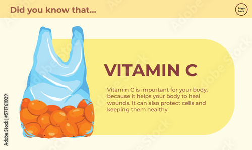 Vitamin C healthy supplement vector illustration banner or poster with descriptive texts isolated on landscape template. Simple and flat lay out for minimalist styled social media, web, brochure.