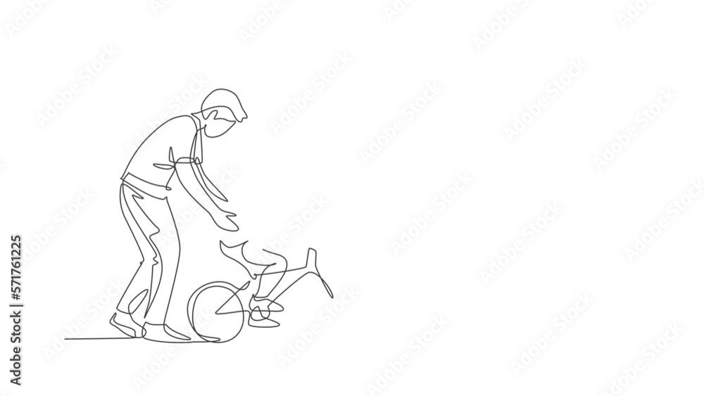 Animated self drawing of one continuous line draw young father help his boy kid learning to ride a bicycle at countryside together. Parenthood lesson concept. Full length single line animation. Animated self drawing of one continuous line draw young father help his boy kid learning to ride a bicycle at countryside together. Parenthood lesson concept. Full length single line animation.