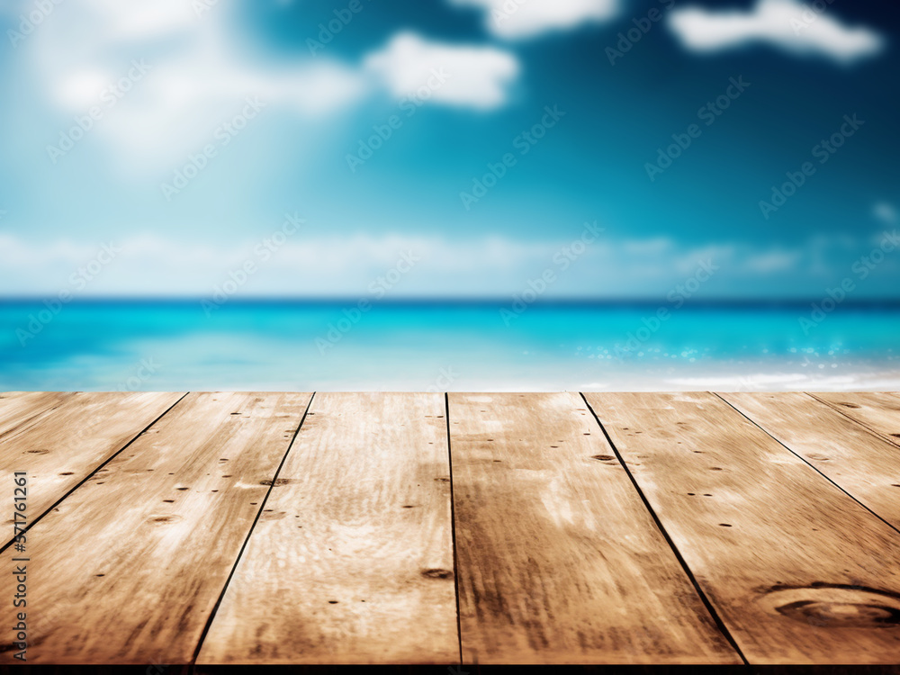 Wooden table with sea background in summer