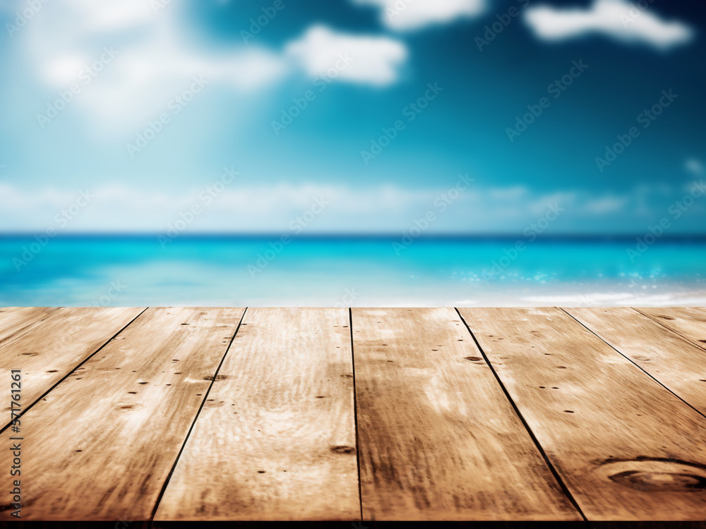 Wooden table with sea background in summer Wooden table with sea background in summer