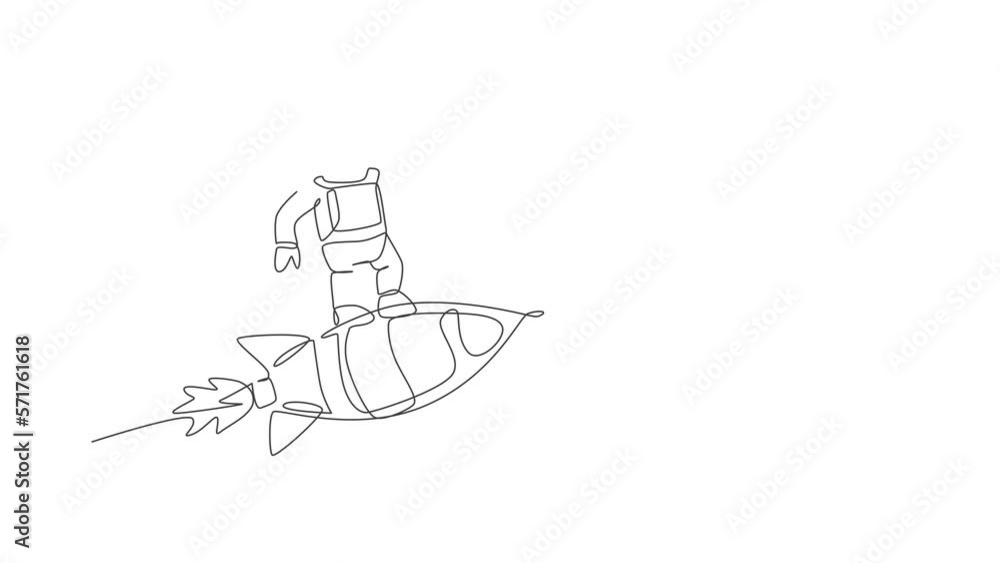 Animated self drawing of continuous line draw astronaut in spacesuit flying at outer space while standing on rocket spacecraft. Science milky way astronomy concept. Full length one line animation. Animated self drawing of continuous line draw astronaut in spacesuit flying at outer space while standing on rocket spacecraft. Science milky way astronomy concept. Full length one line animation.