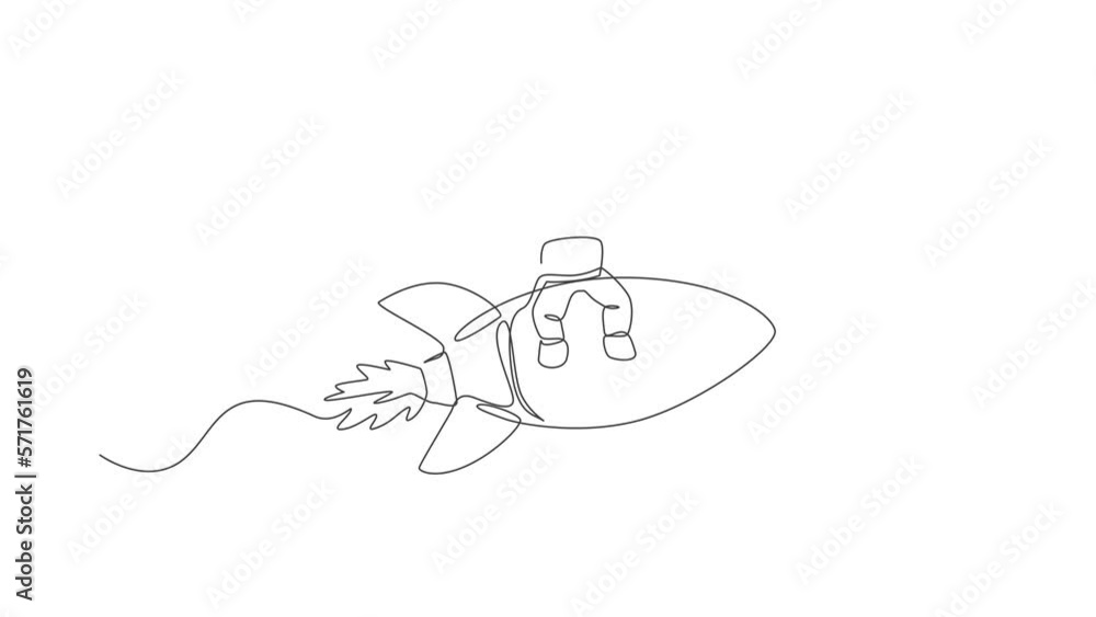 Animated self drawing of one continuous line draw spaceman astronaut waving hand and sit on flying rocket. Cosmonaut exploration of outer space concept. Full length single line animation illustration. Animated self drawing of one continuous line draw spaceman astronaut waving hand and sit on flying rocket. Cosmonaut exploration of outer space concept. Full length single line animation illustration.
