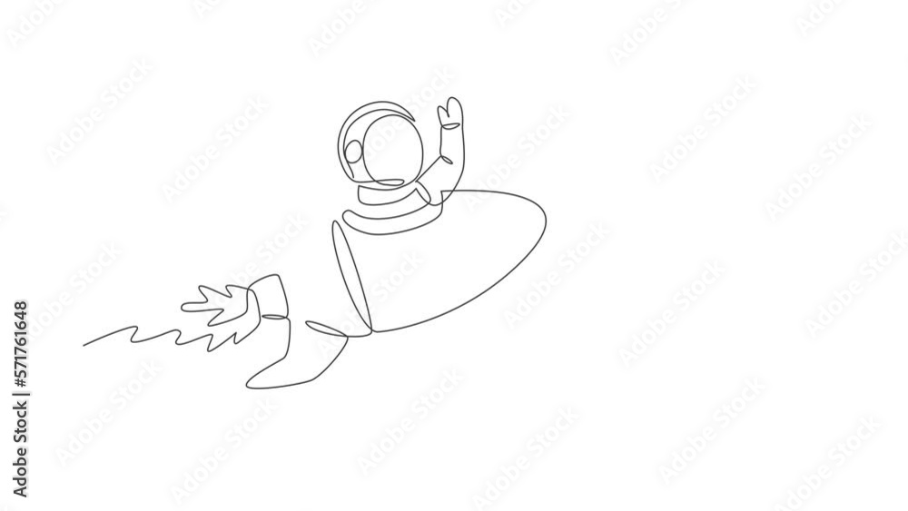 Animated self drawing of single continuous line draw astronaut in spacesuit waving hand at outer space with rocket spacecraft. Science milky way astronomy concept. Full length one line animation. Animated self drawing of single continuous line draw astronaut in spacesuit waving hand at outer space with rocket spacecraft. Science milky way astronomy concept. Full length one line animation.