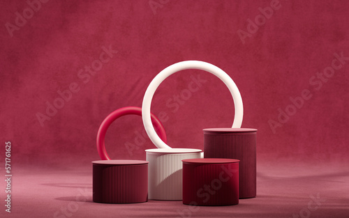 Trendy color of year 2023 - Viva Magenta. Abstract minimalistic scene with geometric forms. Podium on red pink background. Product presentation, show cosmetic, feminine copy space template 3d render 