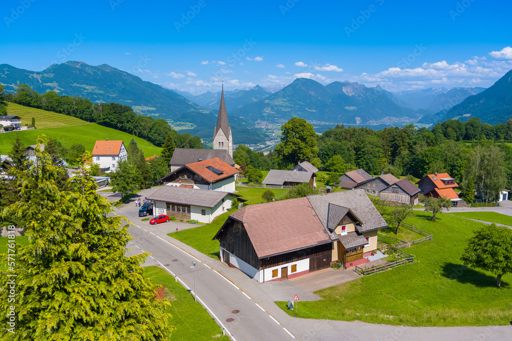 Village of Gurtis by Nenzing, Walgau Valley, State of Voralberg, Austria. Drone Picture