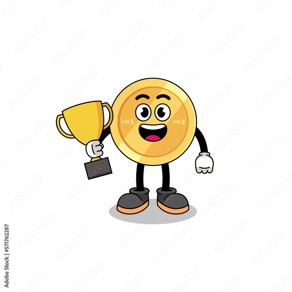 Cartoon mascot of hong kong dollar holding a trophy Cartoon mascot of hong kong dollar holding a trophy