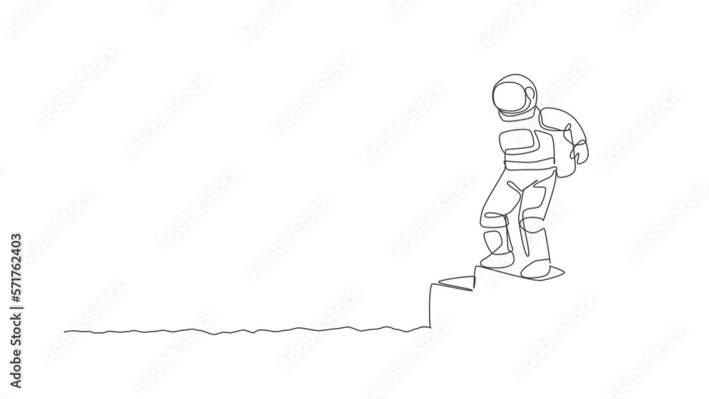 Animated self drawing of one continuous line draw astronaut standing on first place podium in deep space galaxy. Spaceman healthy fitness sport concept. Full length single line animation illustration. Animated self drawing of one continuous line draw astronaut standing on first place podium in deep space galaxy. Spaceman healthy fitness sport concept. Full length single line animation illustration.