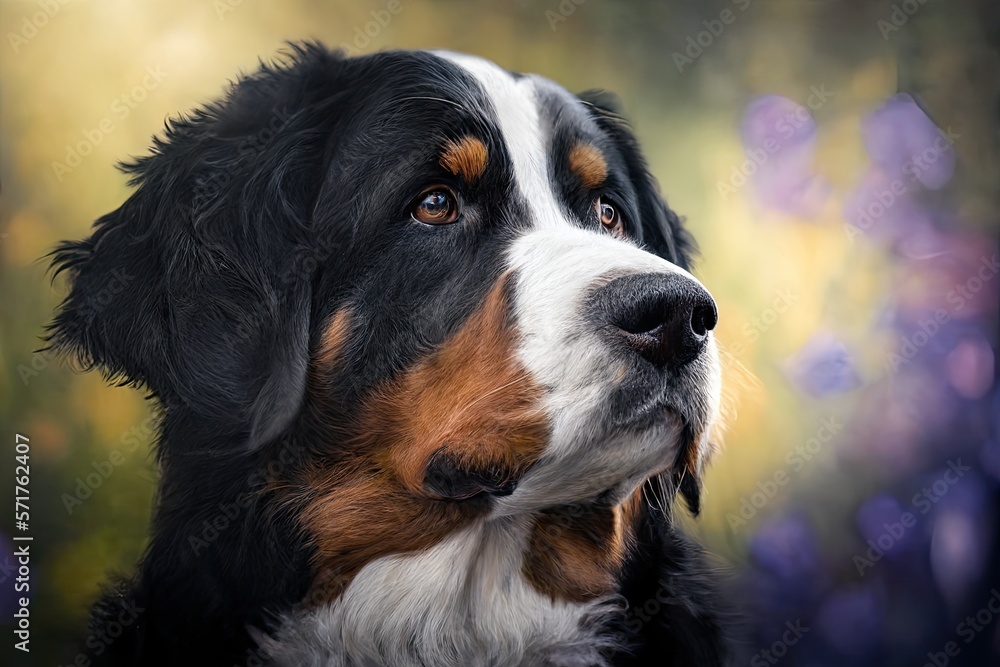Portrait of an adorable Bernese Mountain Dog. Cute pup with shiny fur coat and bokeh background. Purebred Berner.