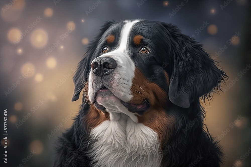 Portrait of an adorable Bernese Mountain Dog. Cute pup with shiny fur coat and bokeh background. Purebred Berner.