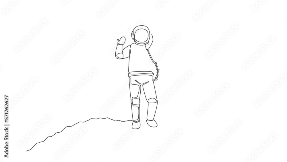 Animated self drawing of continuous line draw astronaut in moon surface calling with phone satellite. Business office with galaxy outer space concept. Full length one line animation illustration. Animated self drawing of continuous line draw astronaut in moon surface calling with phone satellite. Business office with galaxy outer space concept. Full length one line animation illustration.