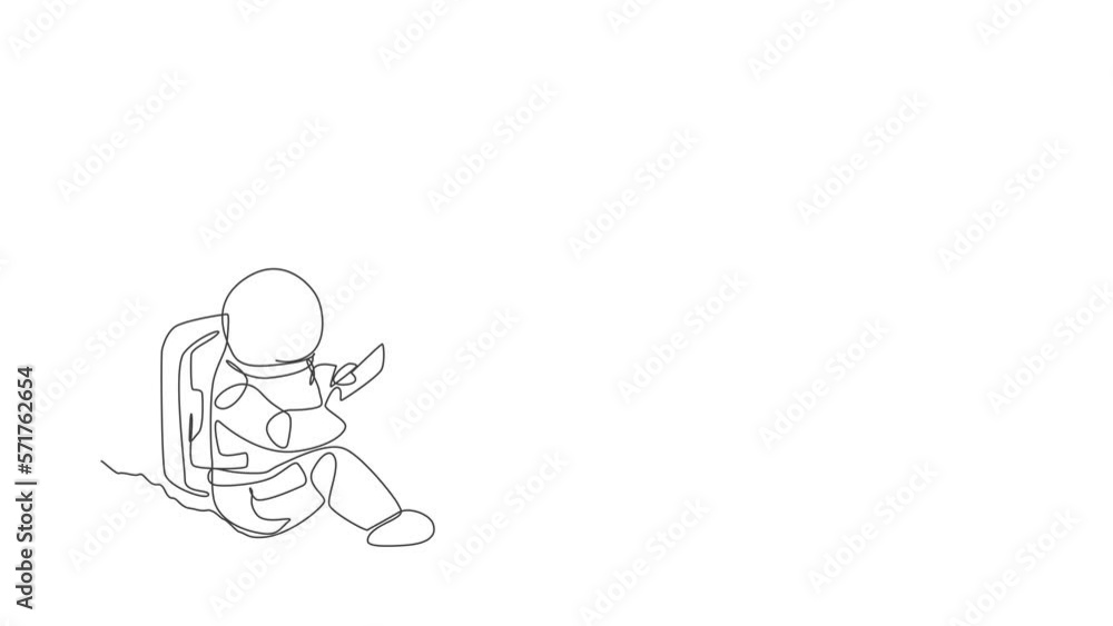 Animated self drawing of single continuous line draw astronaut siting on moon surface and texting to partner in earth. Business office with galaxy outer space concept. Full length one line animation. Animated self drawing of single continuous line draw astronaut siting on moon surface and texting to partner in earth. Business office with galaxy outer space concept. Full length one line animation.