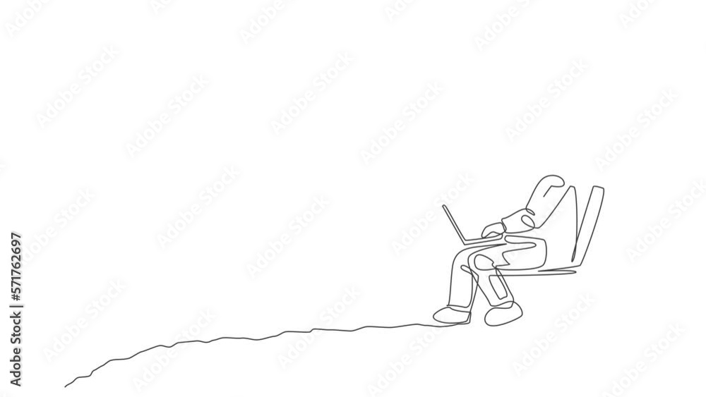 Animation of one line drawing of cosmonaut sitting on chair while typing in moon surface. Astronaut business office with outer space concept. Continuous line self draw animated. Full length motion. Animation of one line drawing of cosmonaut sitting on chair while typing in moon surface. Astronaut business office with outer space concept. Continuous line self draw animated. Full length motion.