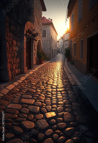 Cobblestone ancient European city street at Golden hour. Stone buildings sunset