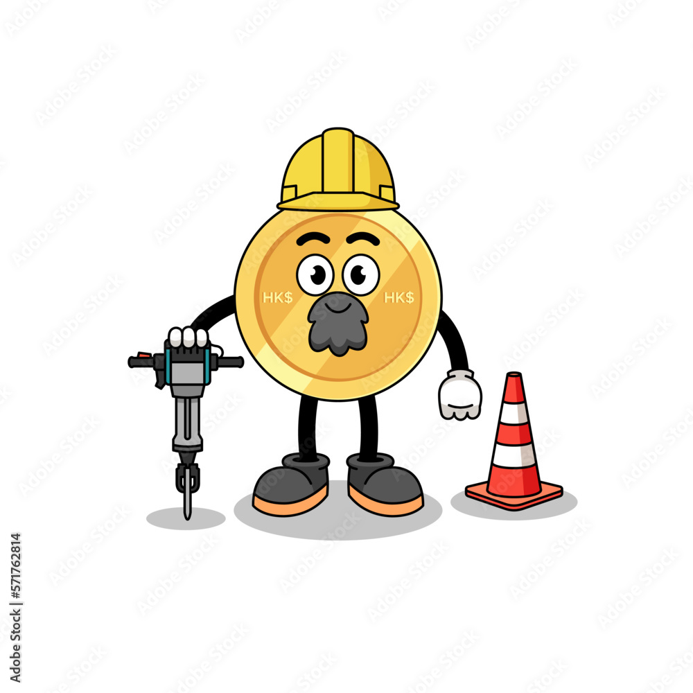 Character cartoon of hong kong dollar working on road construction Character cartoon of hong kong dollar working on road construction