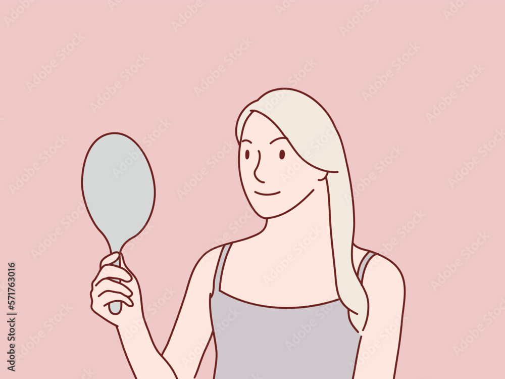 Woman holding mirror on her hand looking face simple korean style illustration Woman holding mirror on her hand looking face simple korean style illustration