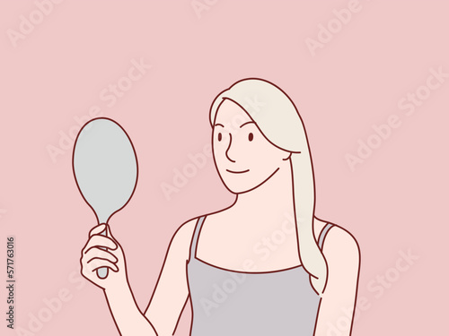 Woman holding mirror on her hand looking face simple korean style illustration