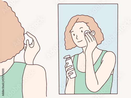 Woman is doing makeup in front of the dressing mirror simple korean style illustration
