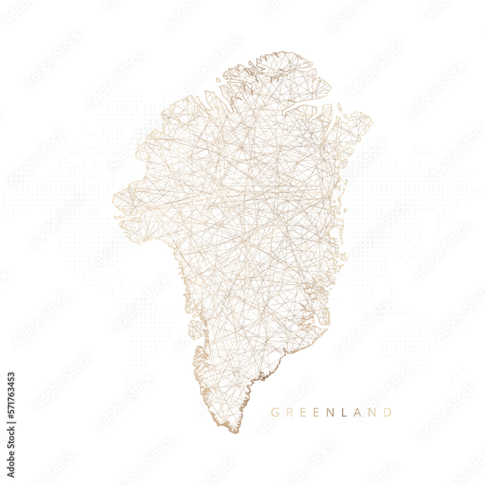 Low poly map of Greenland. Gold polygonal wireframe. Glittering vector with gold particles on white background. Vector illustration eps 10.