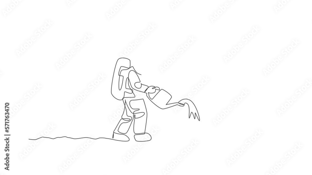 Animated self drawing of one continuous line draw spaceman watering plant tree using metal watering can in moon surface. Deep space farming astronaut concept. Full length single line animation. Animated self drawing of one continuous line draw spaceman watering plant tree using metal watering can in moon surface. Deep space farming astronaut concept. Full length single line animation.