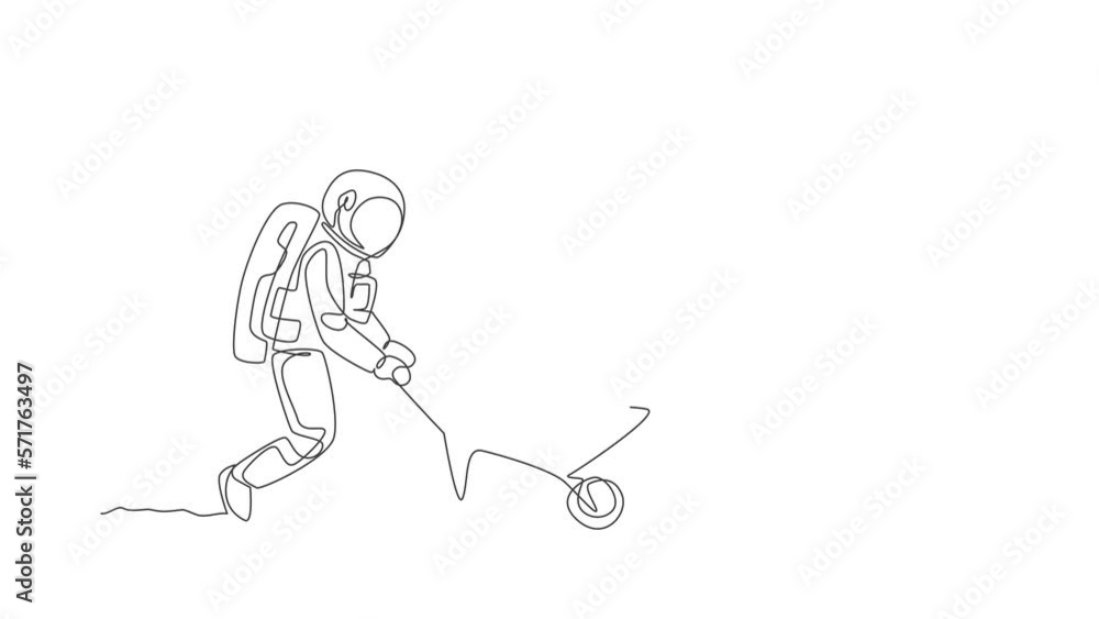 Animation of one single line drawing of astronaut pushing wheelbarrow full of fruits and vegetables in moon surface. Outer space farming concept. Continuous line self draw animated. Full length motion Animation of one single line drawing of astronaut pushing wheelbarrow full of fruits and vegetables in moon surface. Outer space farming concept. Continuous line self draw animated. Full length motion
