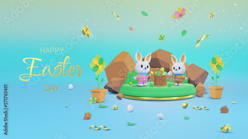 Colorful Easter background with two cute bunny elements standing on podium and decorated with flowers and eggs.