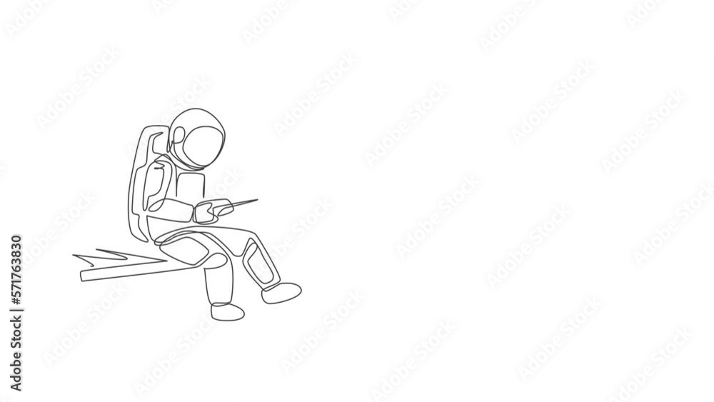Animated self drawing of continuous line draw astronaut playing sailboat radio control in moon cosmic galaxy. Outer space hobby and lifestyle concept. Full length single line animation illustration. Animated self drawing of continuous line draw astronaut playing sailboat radio control in moon cosmic galaxy. Outer space hobby and lifestyle concept. Full length single line animation illustration.
