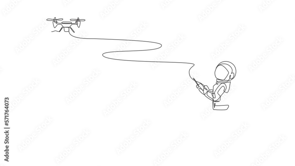 Animated self drawing of one continuous line draw astronaut playing drone plane radio control in moon cosmic galaxy. Outer space hobby and lifestyle concept. Full length single line animation. Animated self drawing of one continuous line draw astronaut playing drone plane radio control in moon cosmic galaxy. Outer space hobby and lifestyle concept. Full length single line animation.