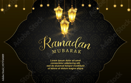 elegant ramadan mubarak with beautiful illustration shiny luxury islamic ornament and abstract gradient black background design