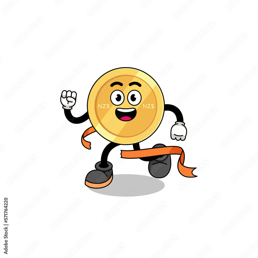 Mascot cartoon of new zealand dollar running on finish line Mascot cartoon of new zealand dollar running on finish line