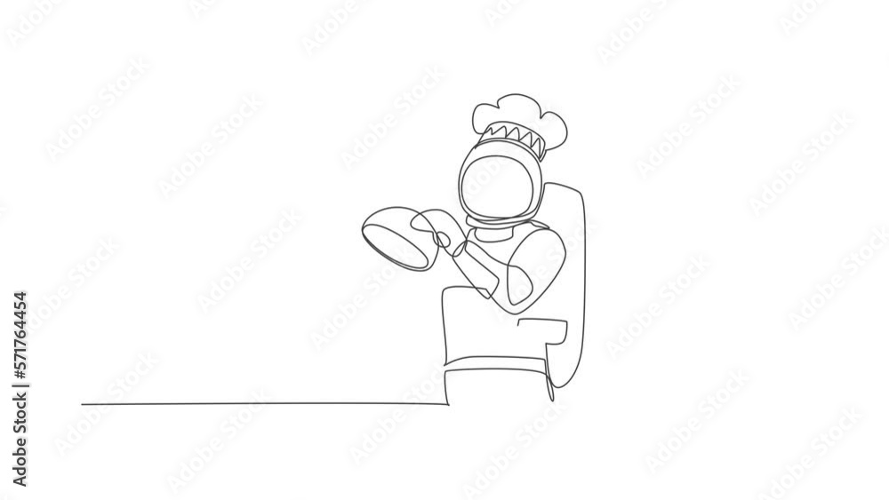 Animated self drawing of single continuous line draw astronaut chef serving delicious food while opening metal food cloche tray. Healthy restaurant cuisine concept. Full length one line animation. Animated self drawing of single continuous line draw astronaut chef serving delicious food while opening metal food cloche tray. Healthy restaurant cuisine concept. Full length one line animation.