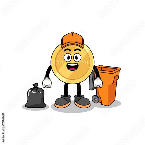 Illustration of new zealand dollar cartoon as a garbage collector