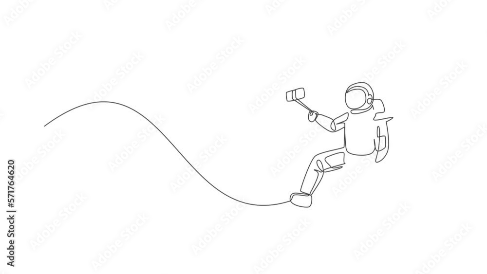 Animated self drawing of single continuous line draw young astronaut doing selfie shoot while floating in outer space. Space man cosmic galaxy concept. Full length one line animation illustration. Animated self drawing of single continuous line draw young astronaut doing selfie shoot while floating in outer space. Space man cosmic galaxy concept. Full length one line animation illustration.