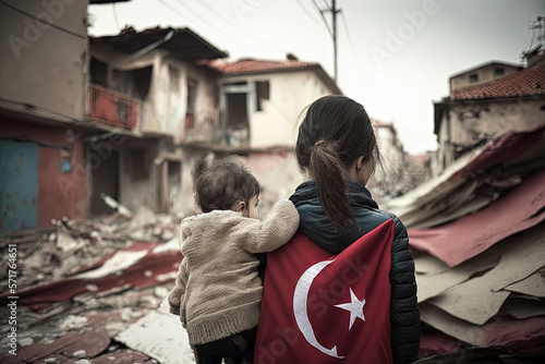A woman stands with her back barefoot, with a child, against the backdrop of collapsed houses after the earthquake and the flag of Turkey. Digital illustration created with Generative AI.
