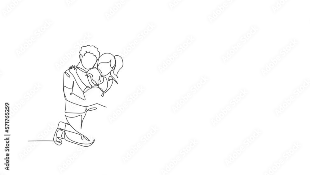 Animated self drawing of one continuous line draw young happy mom and dad hugging their daughter full of warmth . Happy loving parenting family concept. Full length single line animation illustration. Animated self drawing of one continuous line draw young happy mom and dad hugging their daughter full of warmth . Happy loving parenting family concept. Full length single line animation illustration.