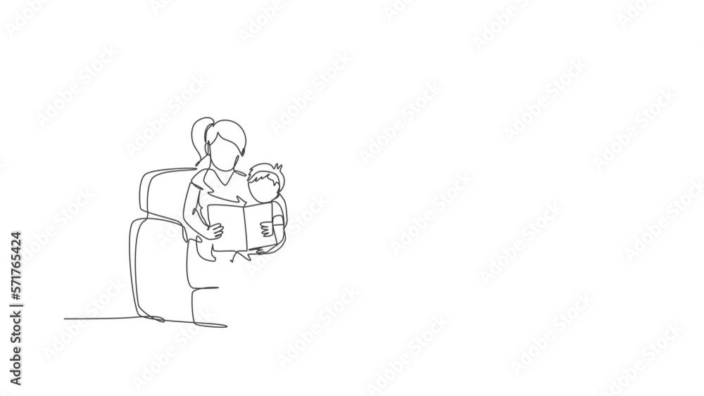 Animation of one line drawing young happy mother and her son siting on sofa reading a story book together. Family parenting education concept. Continuous line self draw animated. Full length motion. Animation of one line drawing young happy mother and her son siting on sofa reading a story book together. Family parenting education concept. Continuous line self draw animated. Full length motion.
