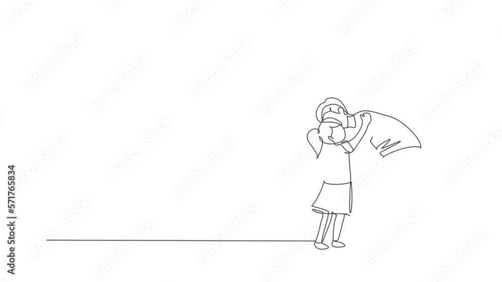 Animated self drawing of one continuous line draw young happy dad hugging his daughter full of warmth before go to school in the morning. Family parenting concept. Full length single line animation. Animated self drawing of one continuous line draw young happy dad hugging his daughter full of warmth before go to school in the morning. Family parenting concept. Full length single line animation.